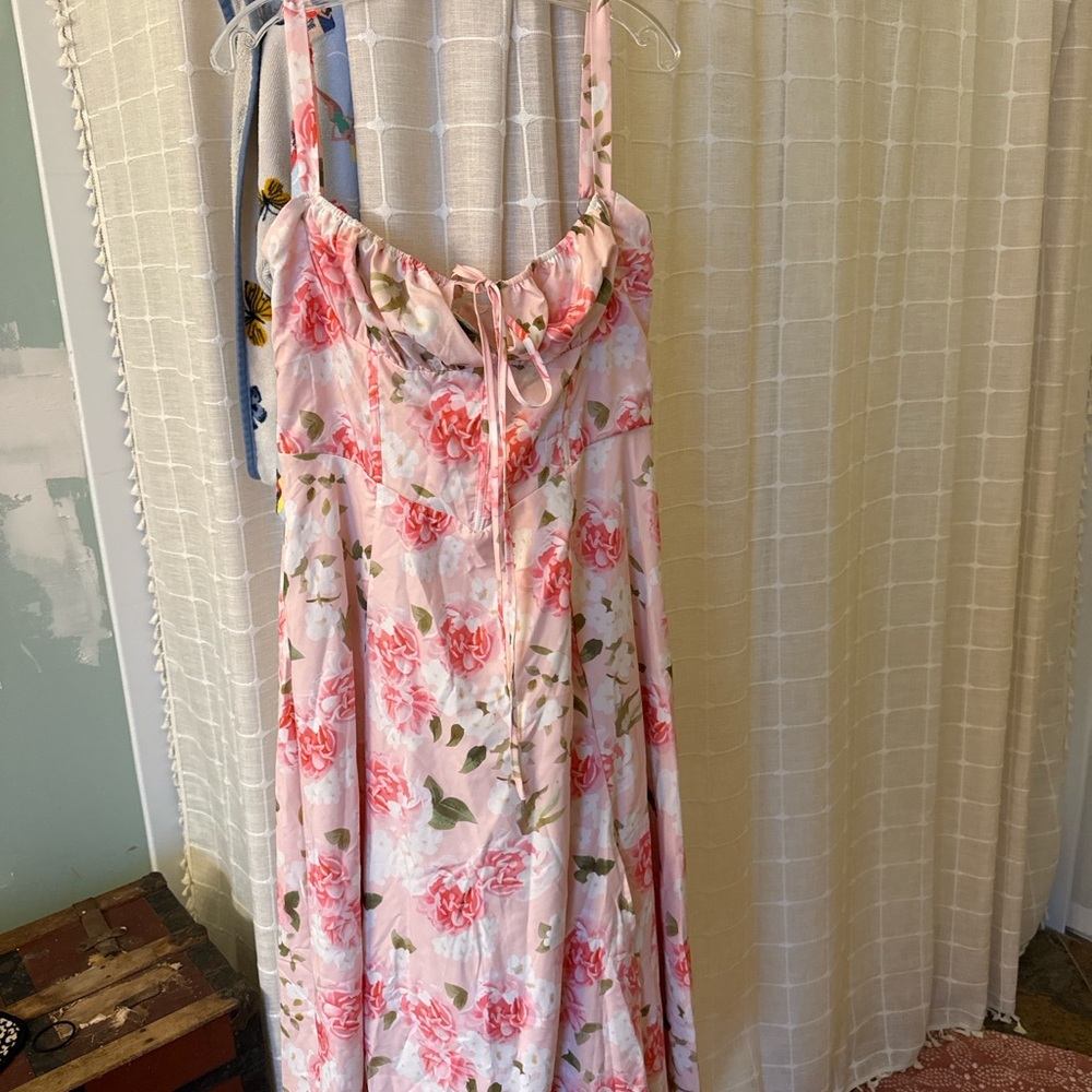 Pink Floral Milkmaid Dress Cottagecore Tie Front Midi Women’s XL / 2X